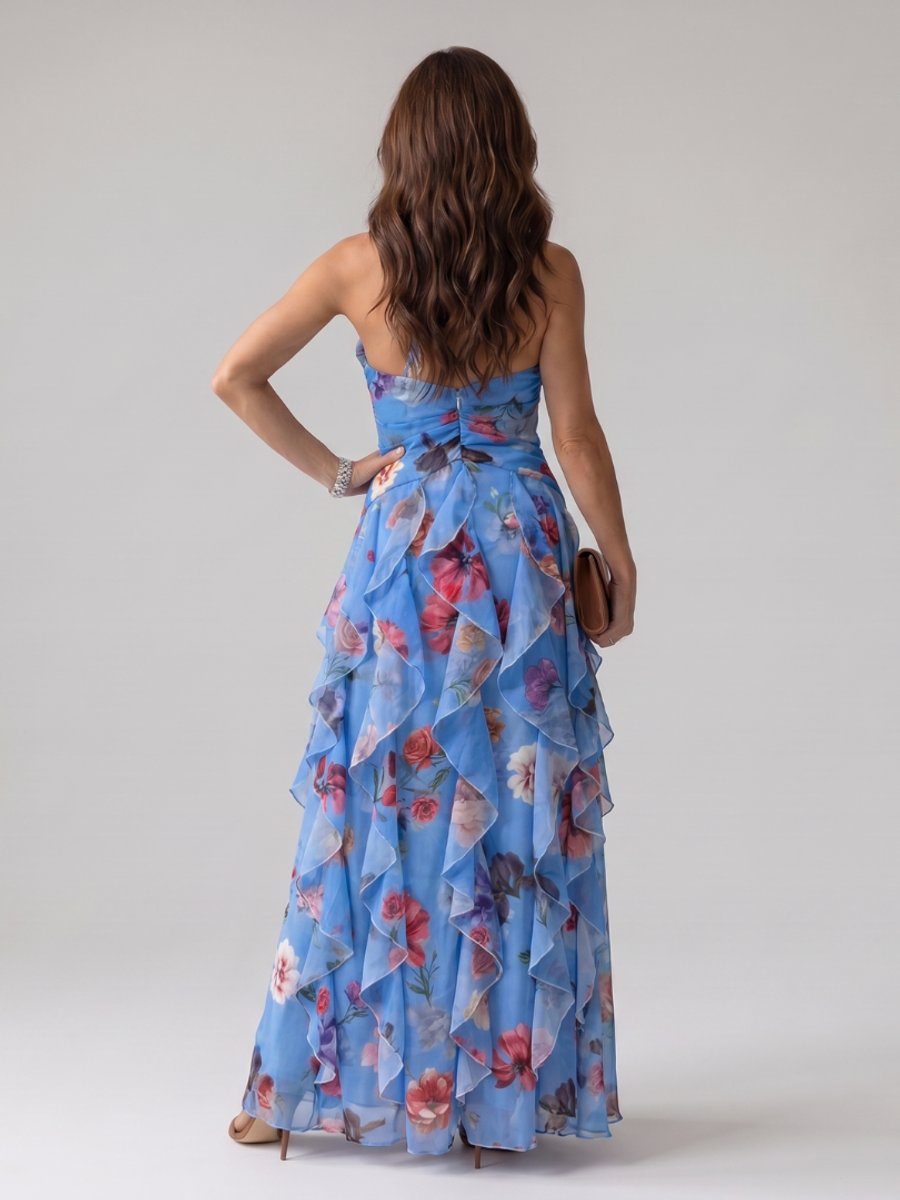 Women's Halter-Neck Floral Chiffon Tiered Formal Dress Maxi Gown