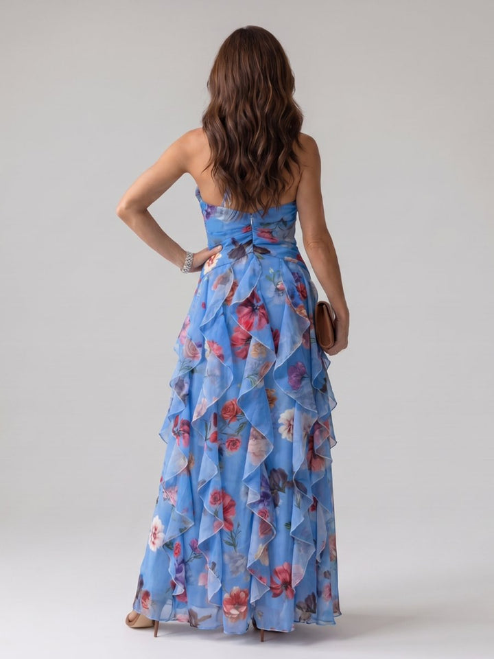Women's Halter-Neck Floral Chiffon Tiered Formal Dress Maxi Gown