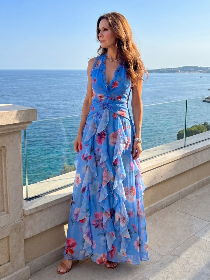 Women's Halter-Neck Floral Chiffon Tiered Formal Dress Maxi Gown