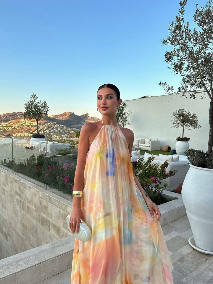 Women's Halter-Neck Flowy Chiffon Fall Wedding Guest Dress Maxi