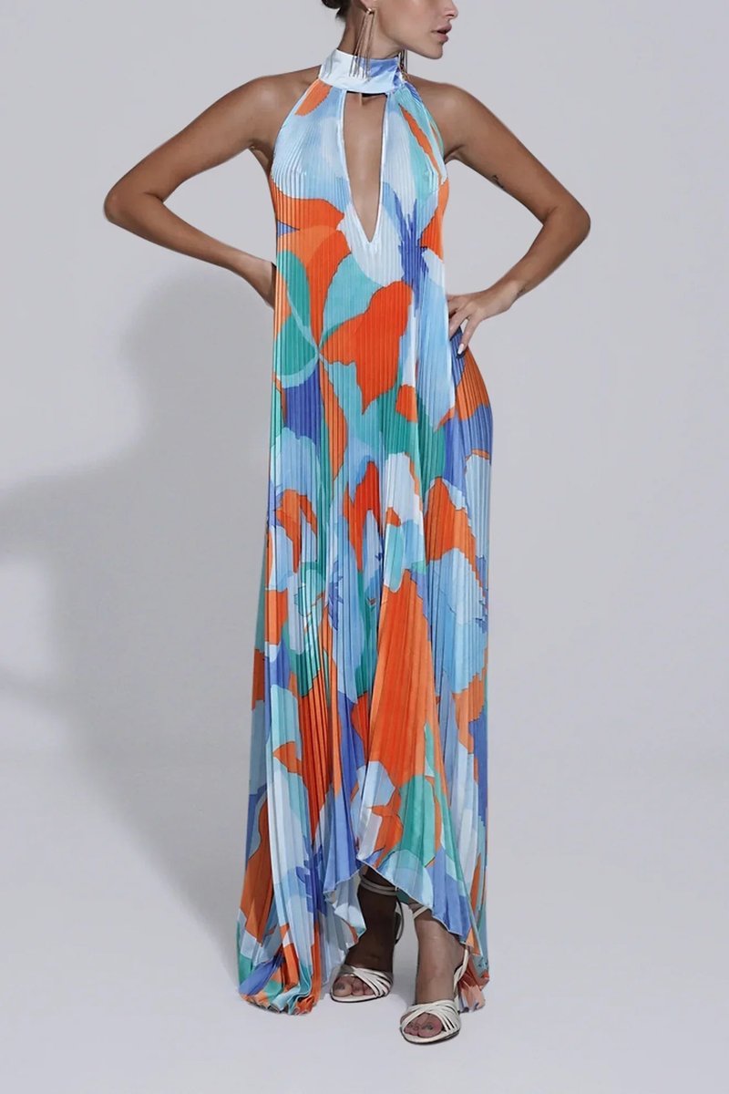 Women's Halter Neck Pleated Maxi Formal Dress
