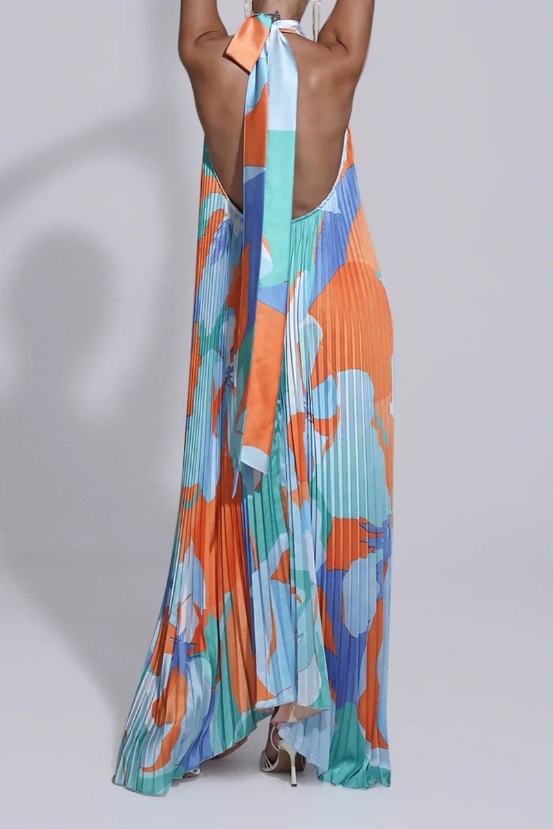 Women's Halter Neck Pleated Maxi Formal Dress