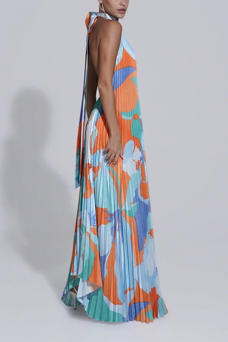 Women's Halter Neck Pleated Maxi Formal Dress