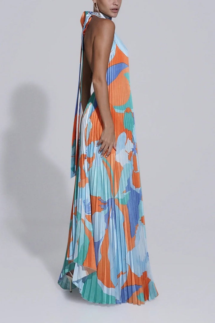 Women's Halter Neck Pleated Maxi Formal Dress