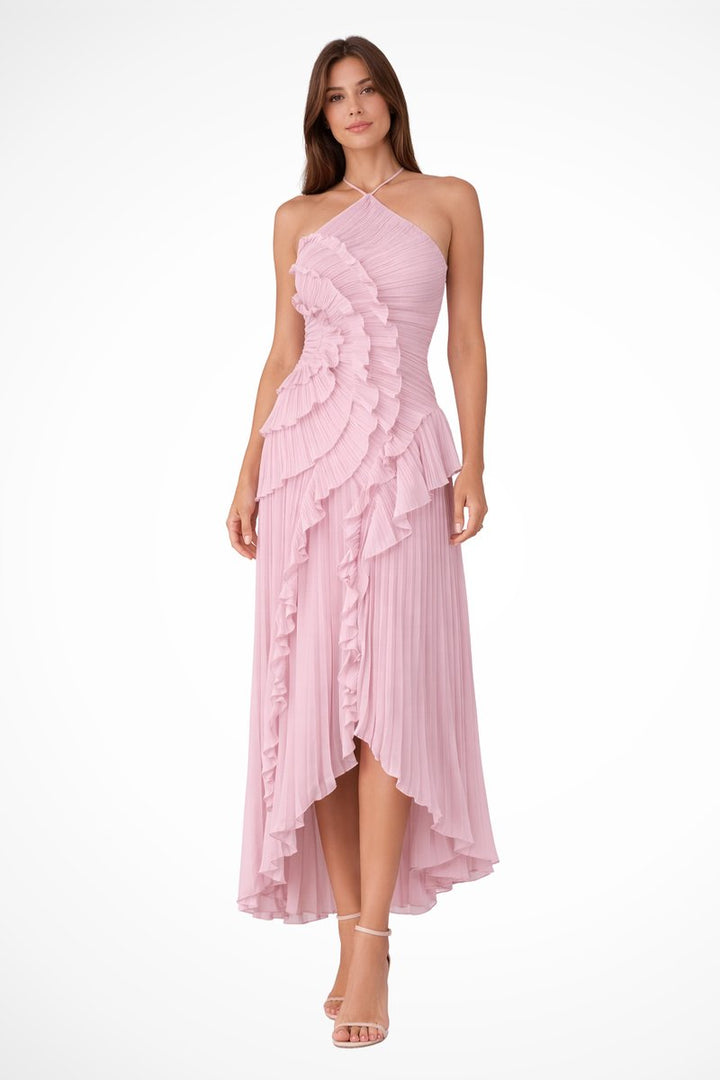 Women's Halter-Neck Ruffle Pleated Asymmetric Formal Dress