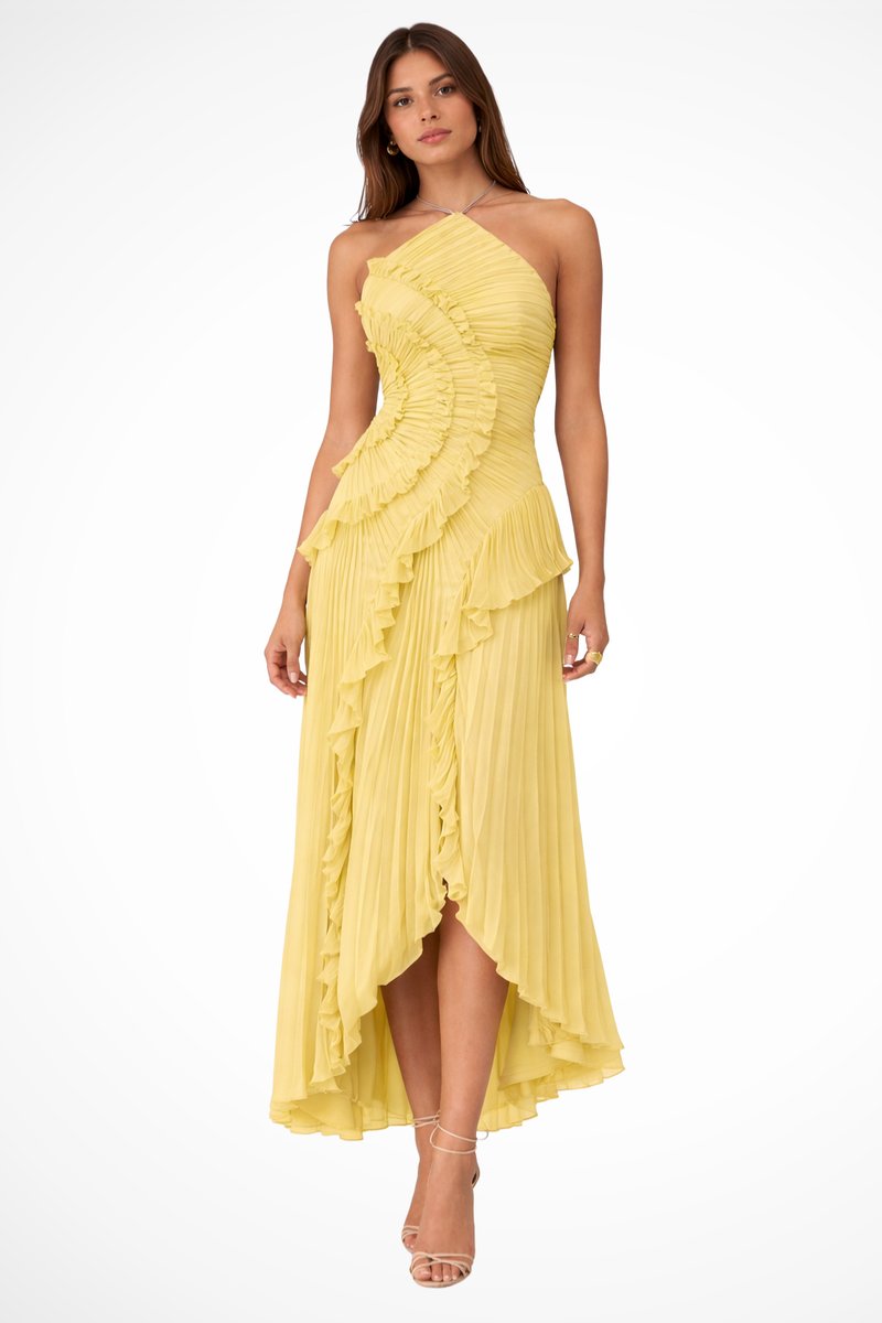 Women's Halter-Neck Ruffle Pleated Asymmetric Formal Dress