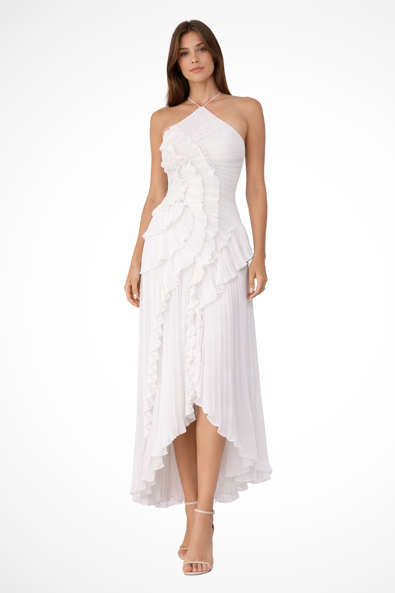 Women's Halter-Neck Ruffle Pleated Asymmetric Formal Dress