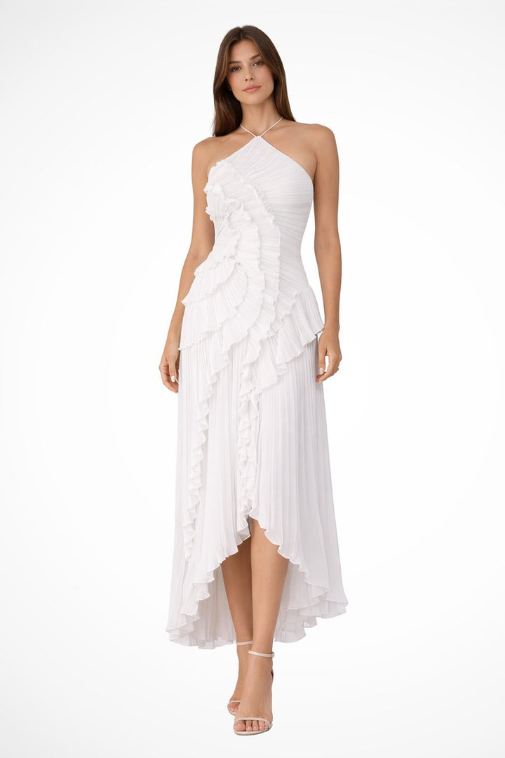 Women's Halter-Neck Ruffle Pleated Asymmetric Formal Dress