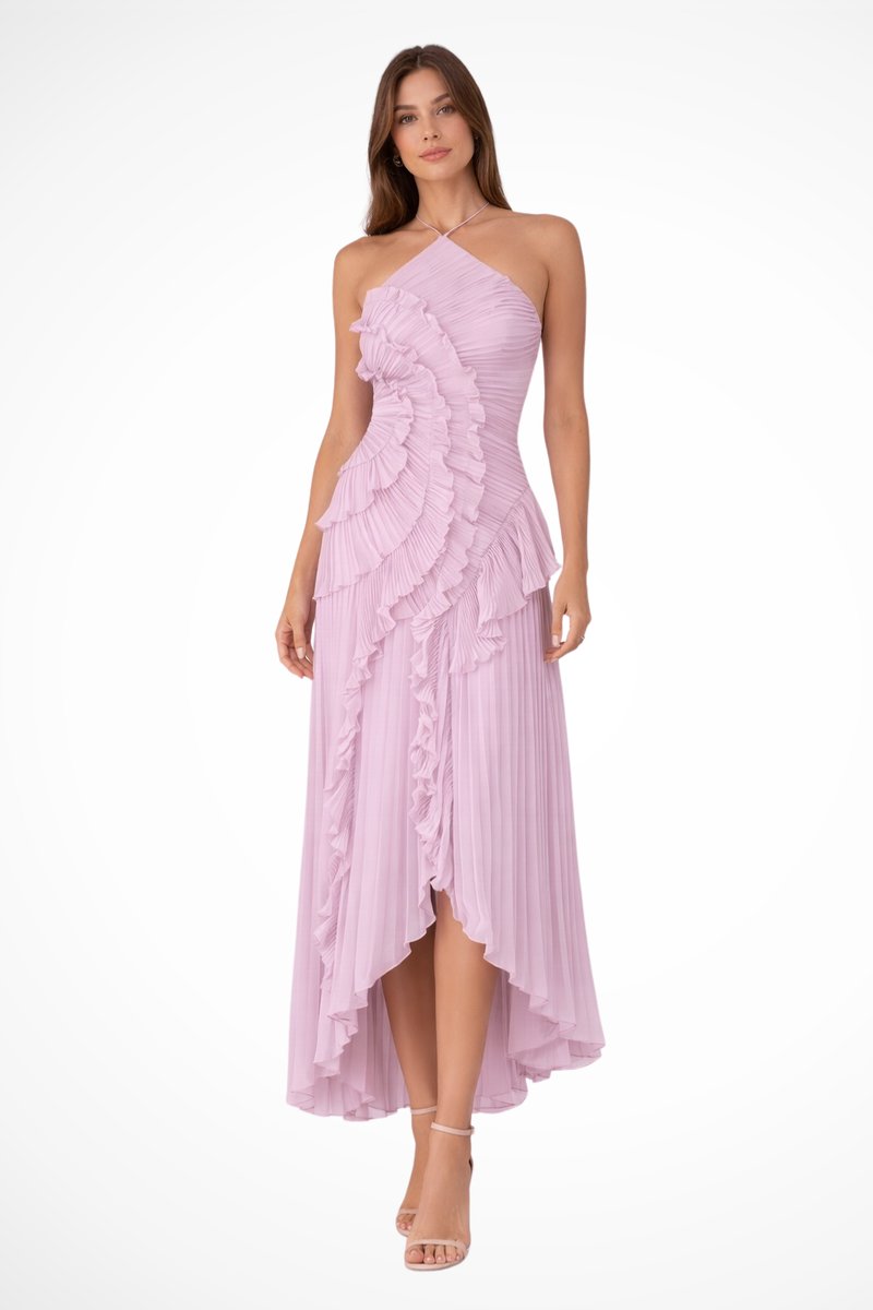 Women's Halter-Neck Ruffle Pleated Asymmetric Formal Dress