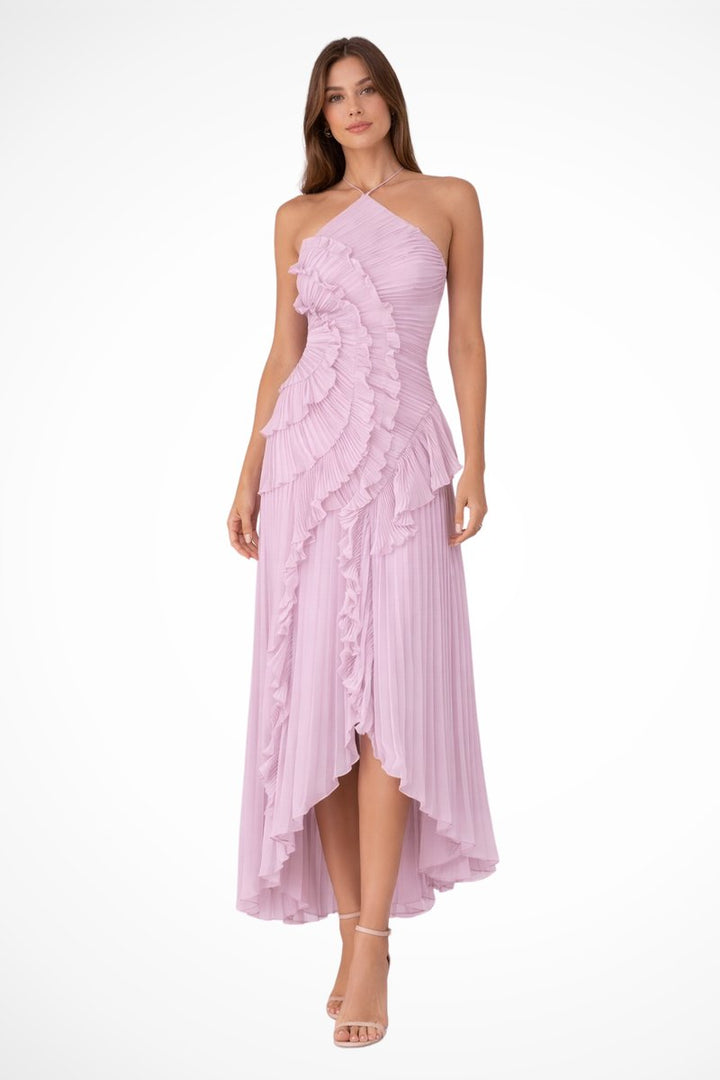 Women's Halter-Neck Ruffle Pleated Asymmetric Formal Dress
