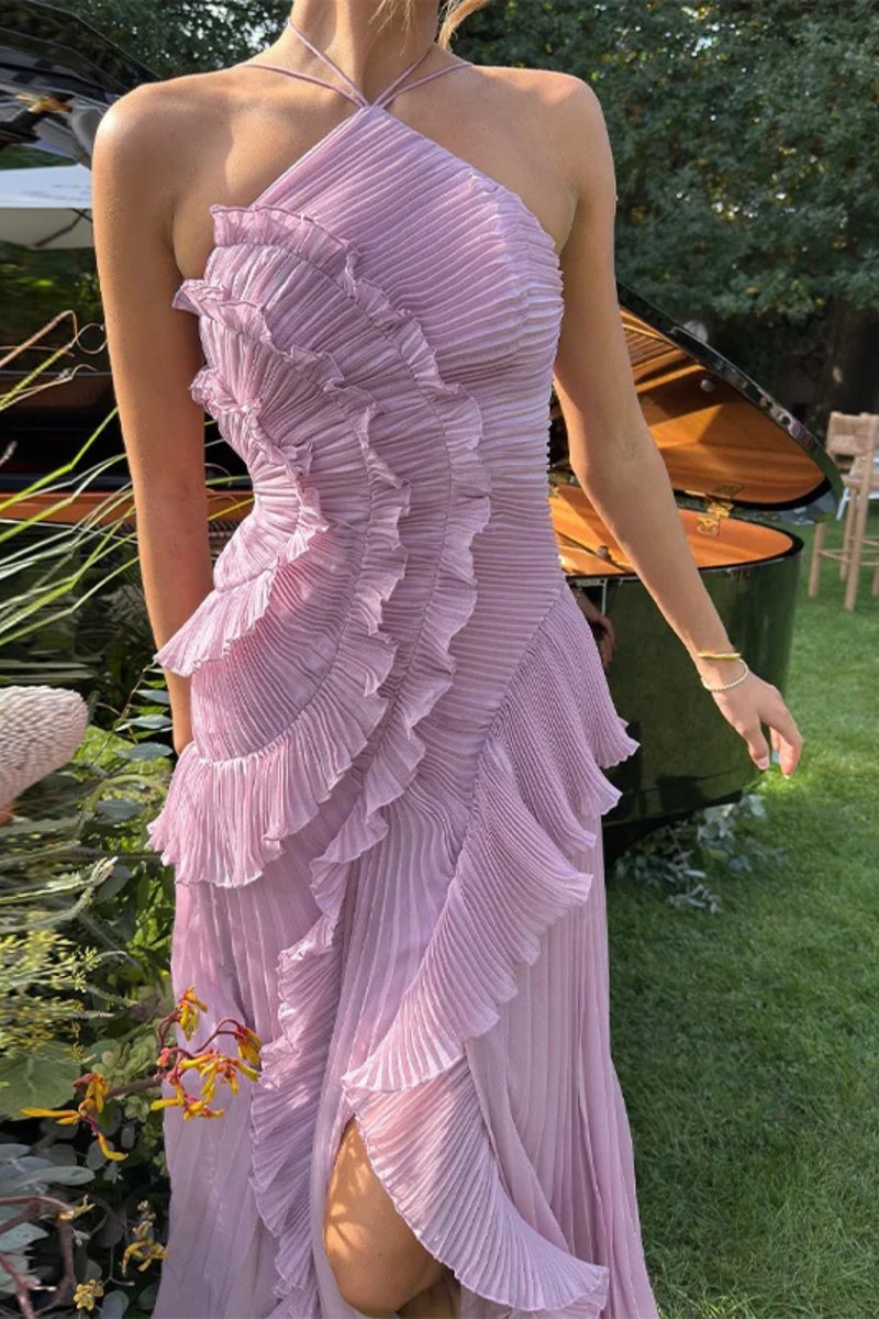 Women's Halter-Neck Ruffle Pleated Asymmetric Formal Dress