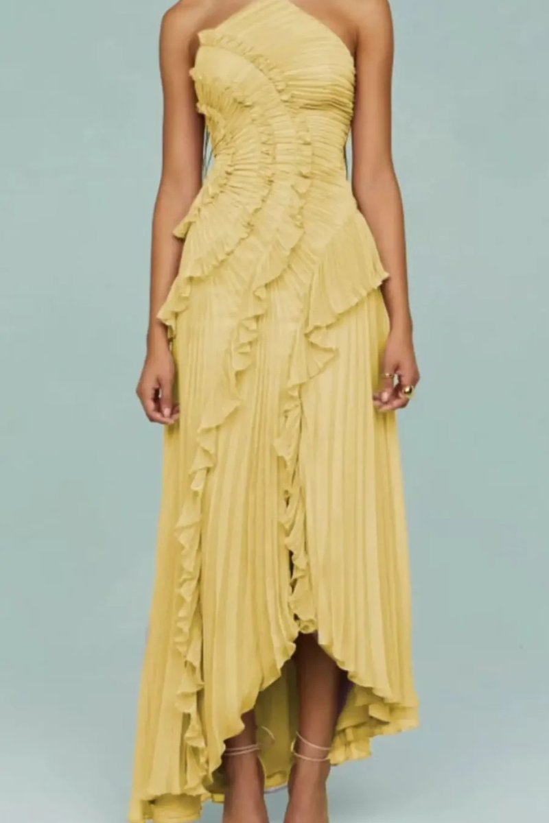 Women's Halter-Neck Ruffle Pleated Asymmetric Formal Dress