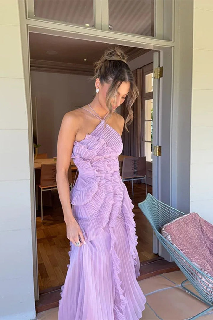 Women's Halter-Neck Ruffle Pleated Asymmetric Formal Dress