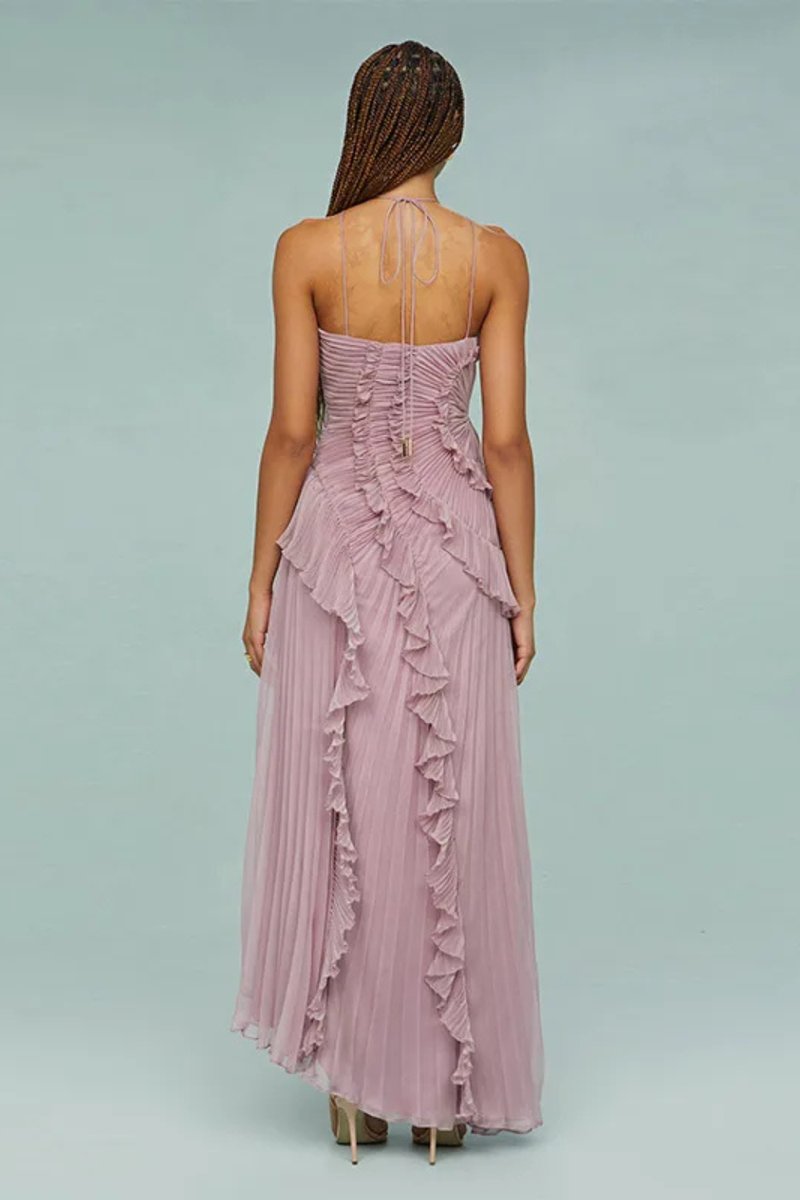 Women's Halter-Neck Ruffle Pleated Asymmetric Formal Dress