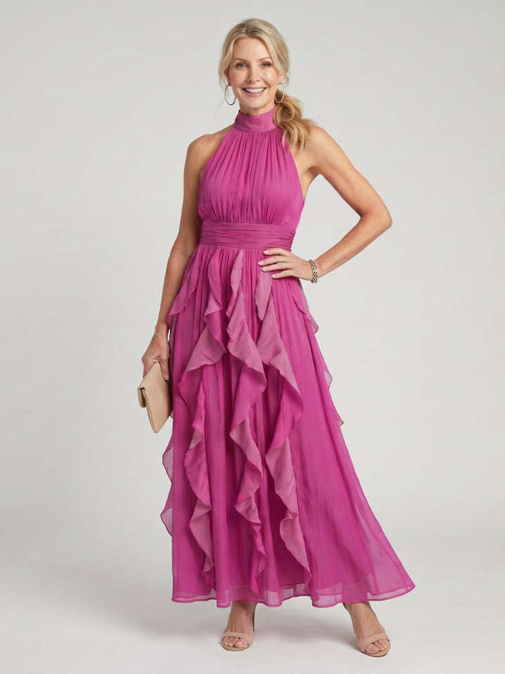 Women's Halter-Neck Ruffle-Tiered Chiffon Maxi Formal Dress
