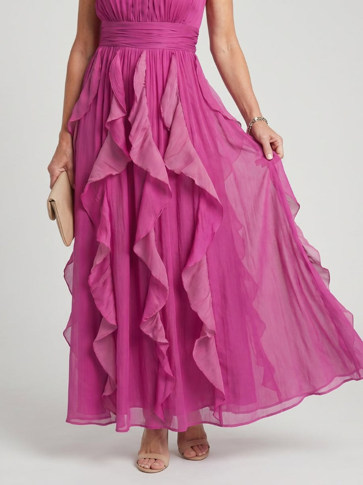 Women's Halter-Neck Ruffle-Tiered Chiffon Maxi Formal Dress