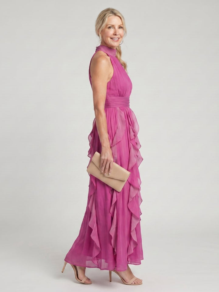 Women's Halter-Neck Ruffle-Tiered Chiffon Maxi Formal Dress