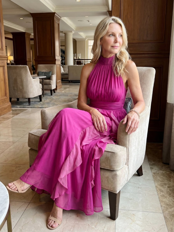 Women's Halter-Neck Ruffle-Tiered Chiffon Maxi Formal Dress