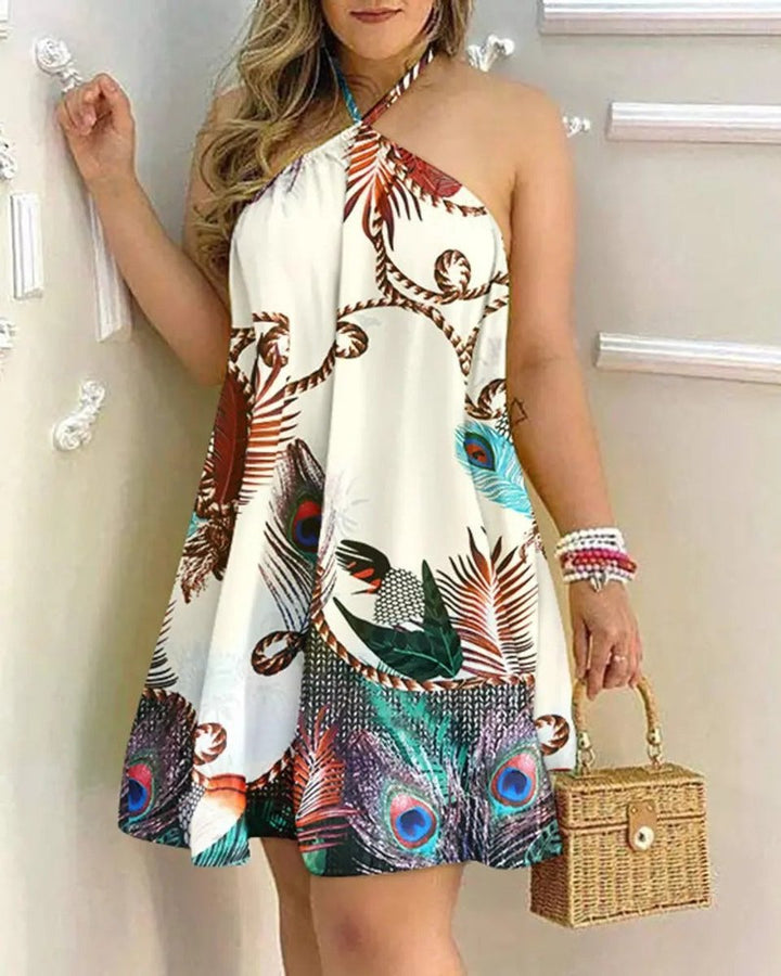 Women's Halter Neck Sleeveless Striped A-Line Fall Midi Dress