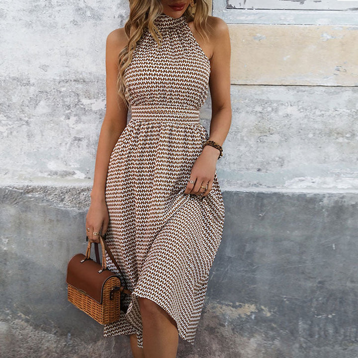 Women's Halter Neck Smocked Waist Printed Fall Midi Dress