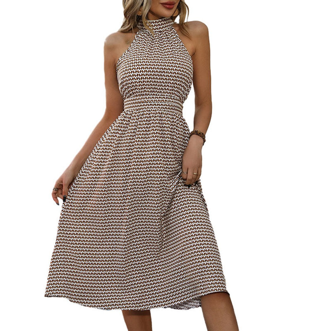 Women's Halter Neck Smocked Waist Printed Fall Midi Dress