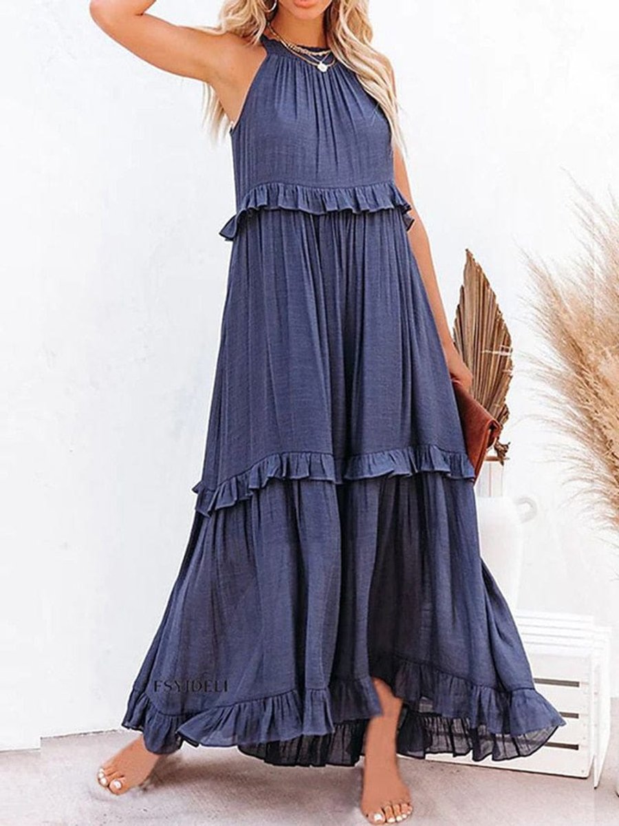 Women's Halter-Neck Tiered Ruffle Maxi Formal Dress