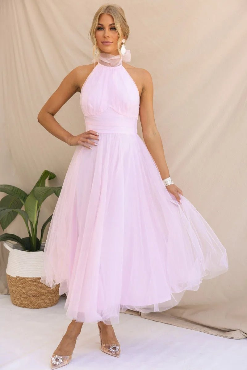 Women's Halter Neck Tulle Fall Midi Dress Flowy A-Line