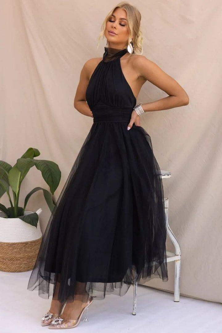 Women's Halter Neck Tulle Fall Midi Dress Flowy A-Line