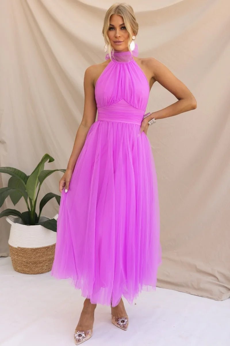 Women's Halter Neck Tulle Fall Midi Dress Flowy A-Line