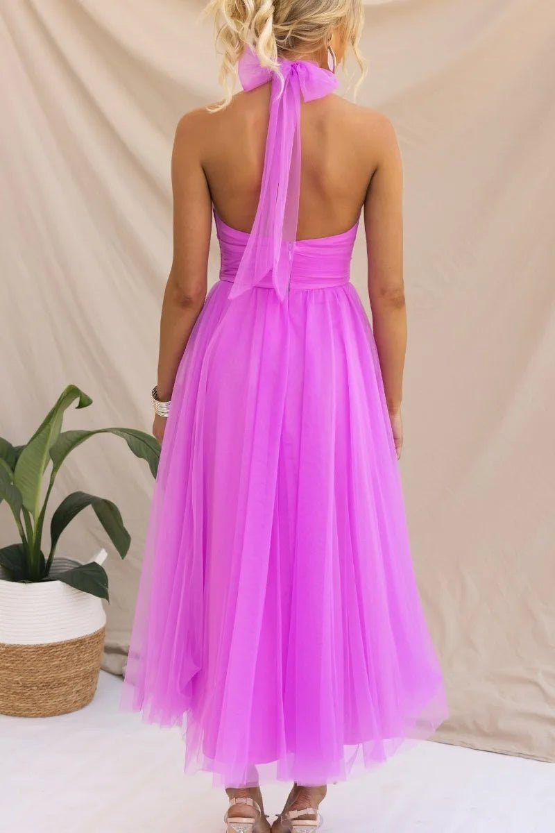 Women's Halter Neck Tulle Fall Midi Dress Flowy A-Line