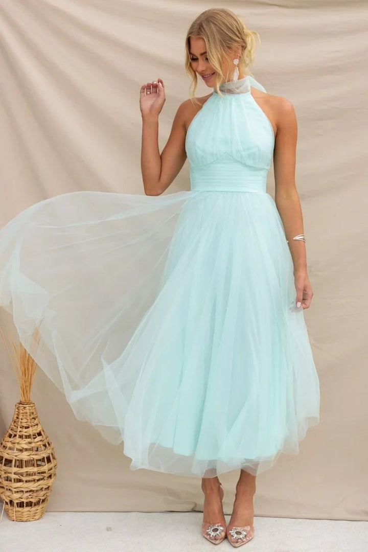 Women's Halter Neck Tulle Fall Midi Dress Flowy A-Line