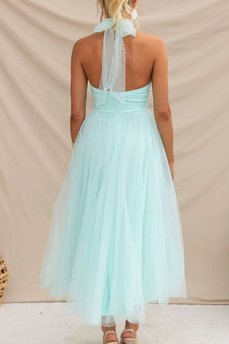 Women's Halter Neck Tulle Fall Midi Dress Flowy A-Line