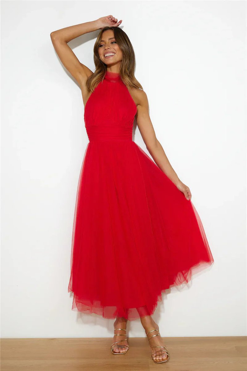 Women's Halter Neck Tulle Fall Midi Dress Flowy A-Line