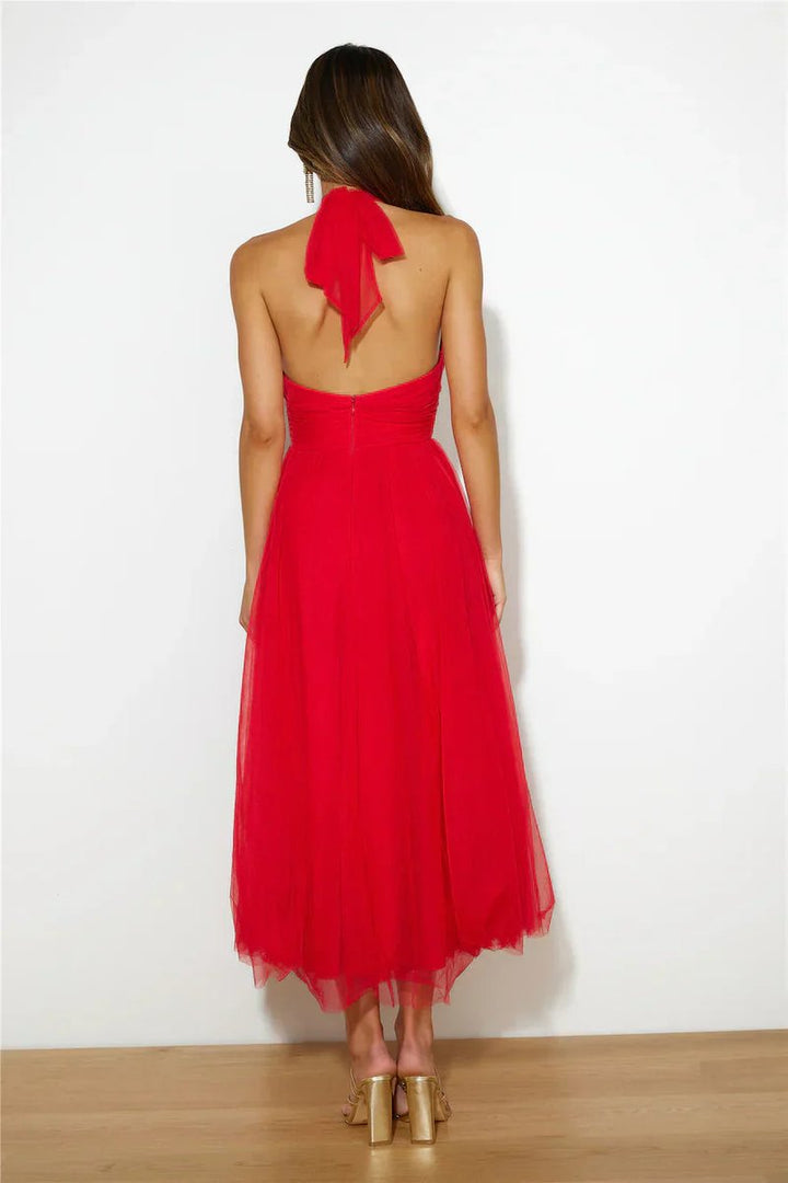 Women's Halter Neck Tulle Fall Midi Dress Flowy A-Line