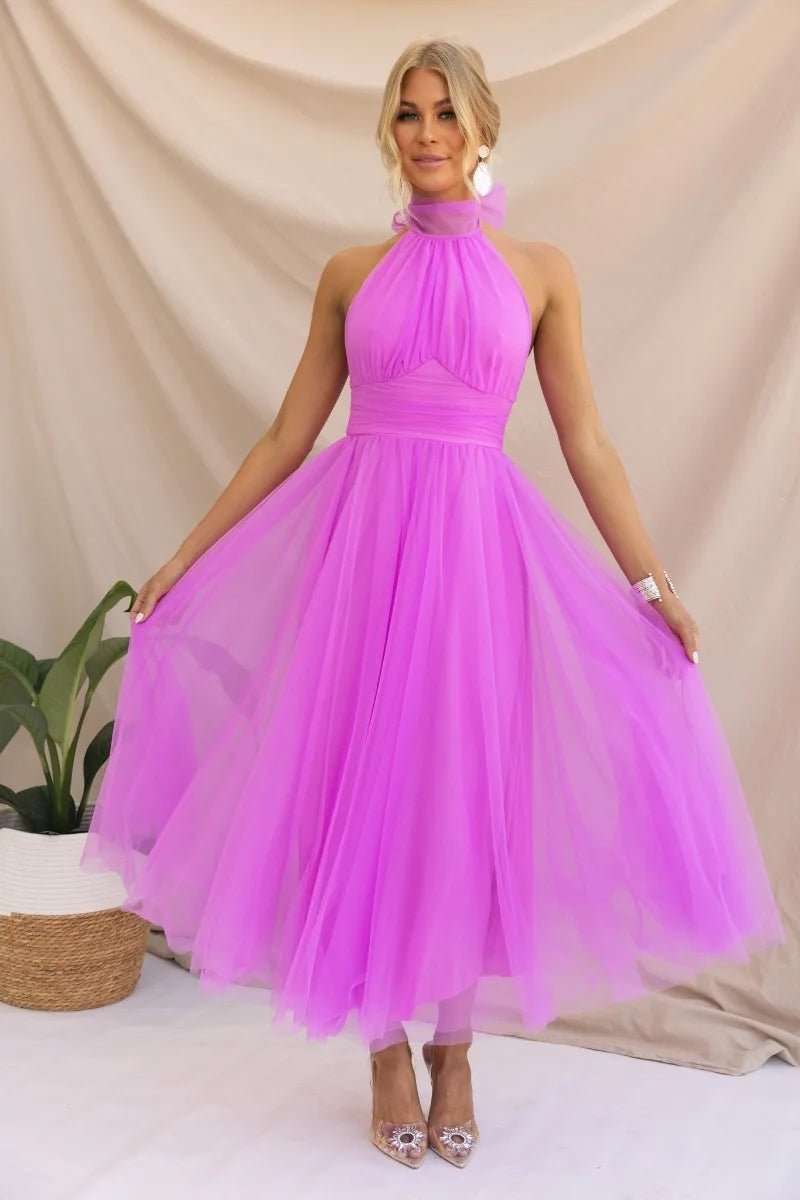 Women's Halter Neck Tulle Fall Midi Dress Flowy A-Line