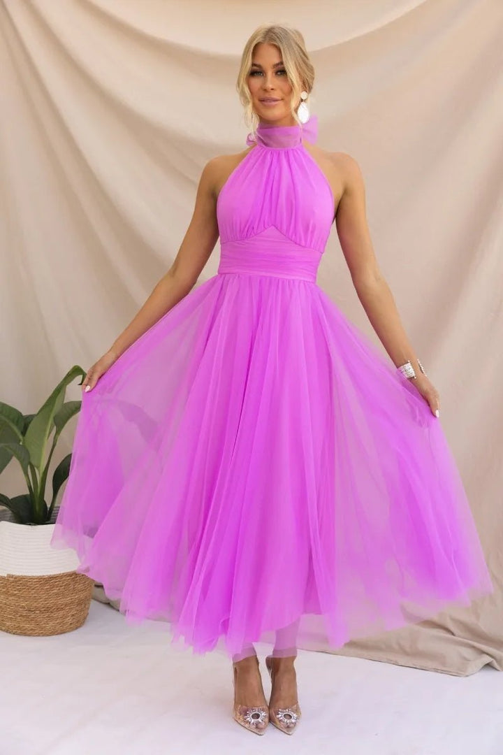 Women's Halter Neck Tulle Fall Midi Dress Flowy A-Line