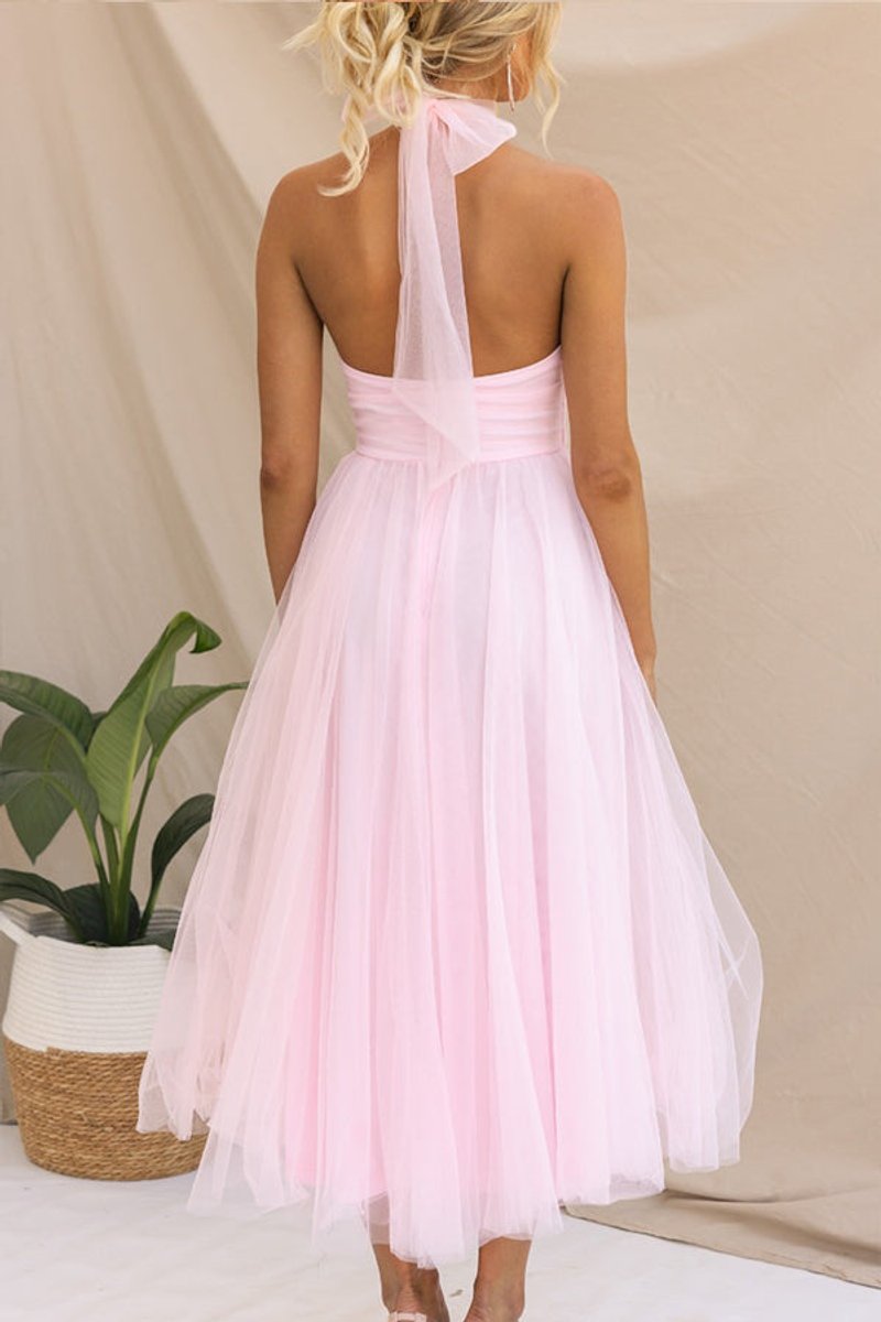 Women's Halter Neck Tulle Fall Midi Dress Flowy A-Line