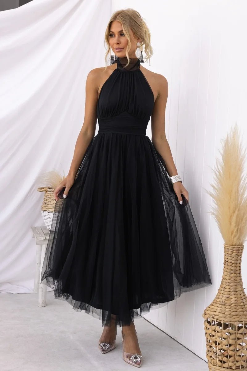 Women's Halter Neck Tulle Fall Midi Dress Flowy A-Line