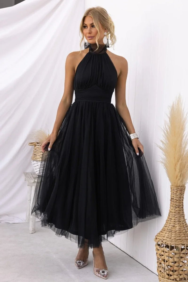 Women's Halter Neck Tulle Fall Midi Dress Flowy A-Line