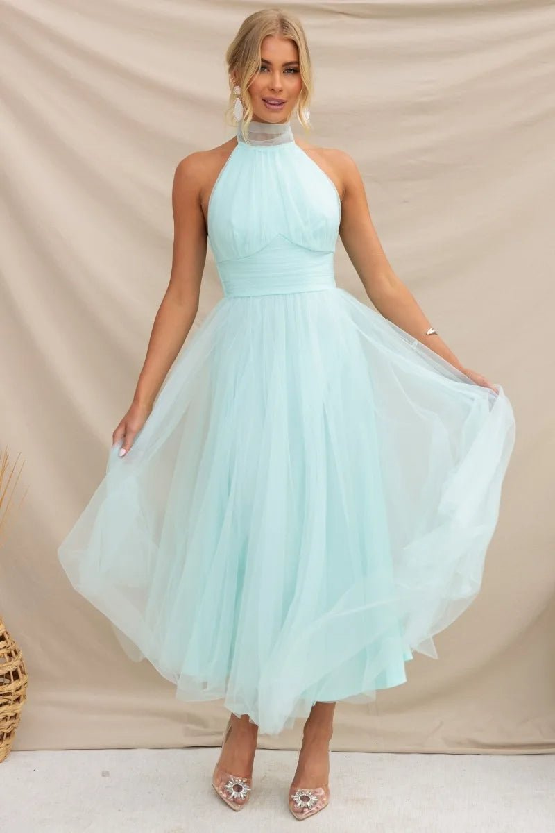 Women's Halter Neck Tulle Fall Midi Dress Flowy A-Line