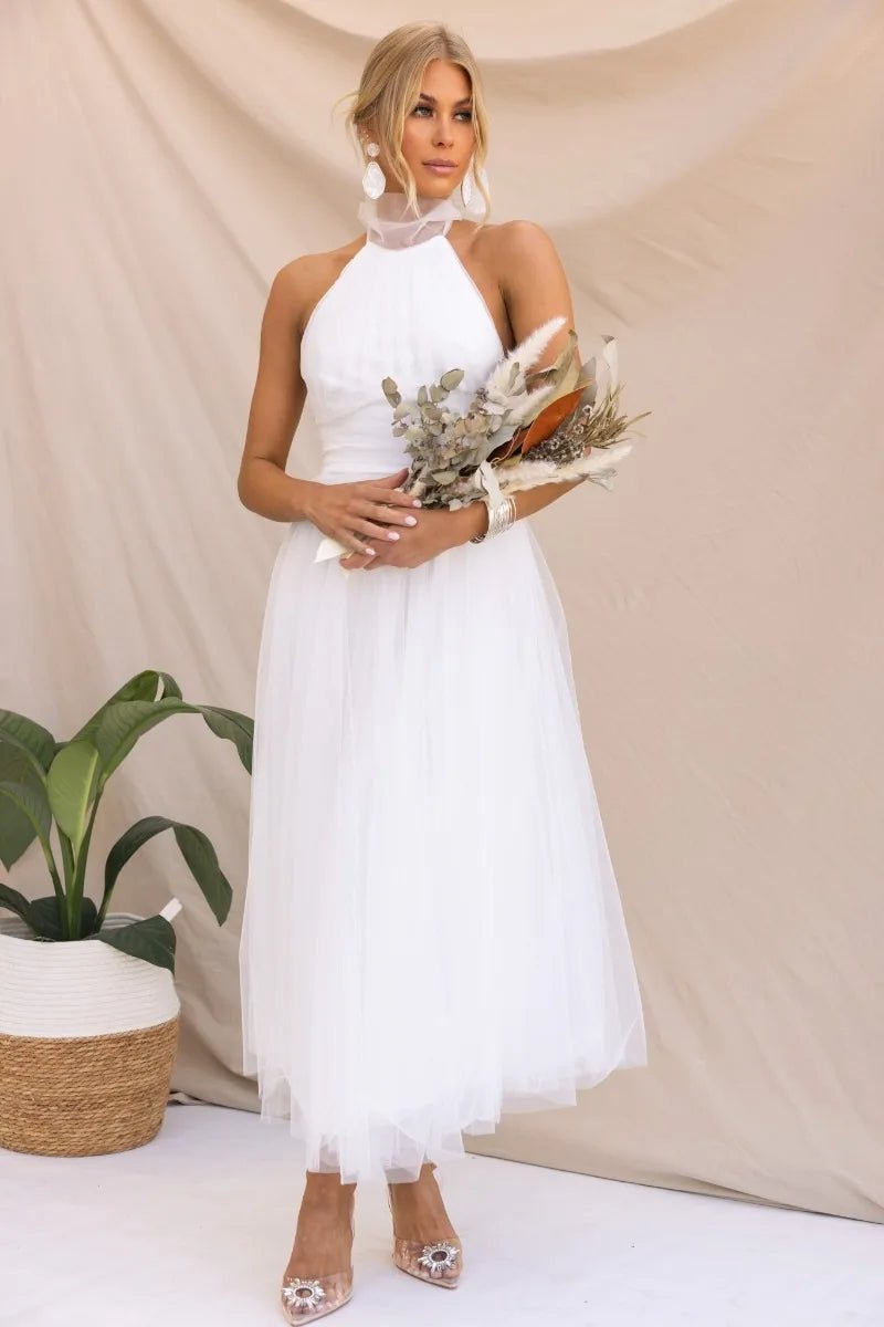 Women's Halter Neck Tulle Fall Midi Dress Flowy A-Line