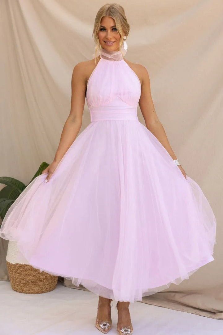 Women's Halter Neck Tulle Fall Midi Dress Flowy A-Line