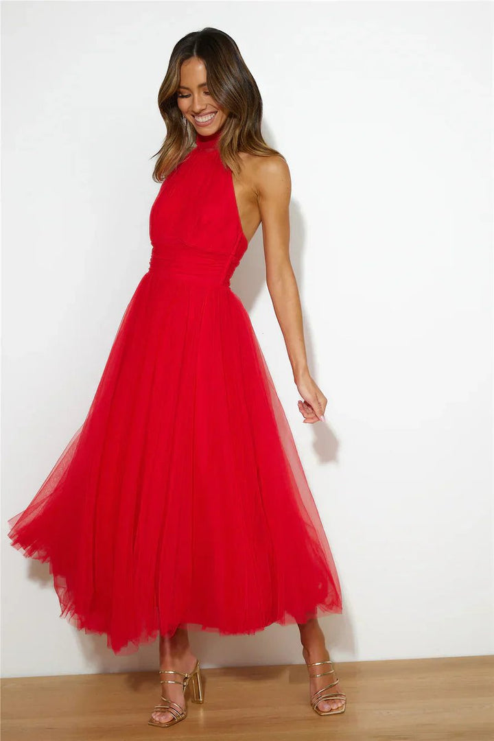 Women's Halter Neck Tulle Fall Midi Dress Flowy A-Line