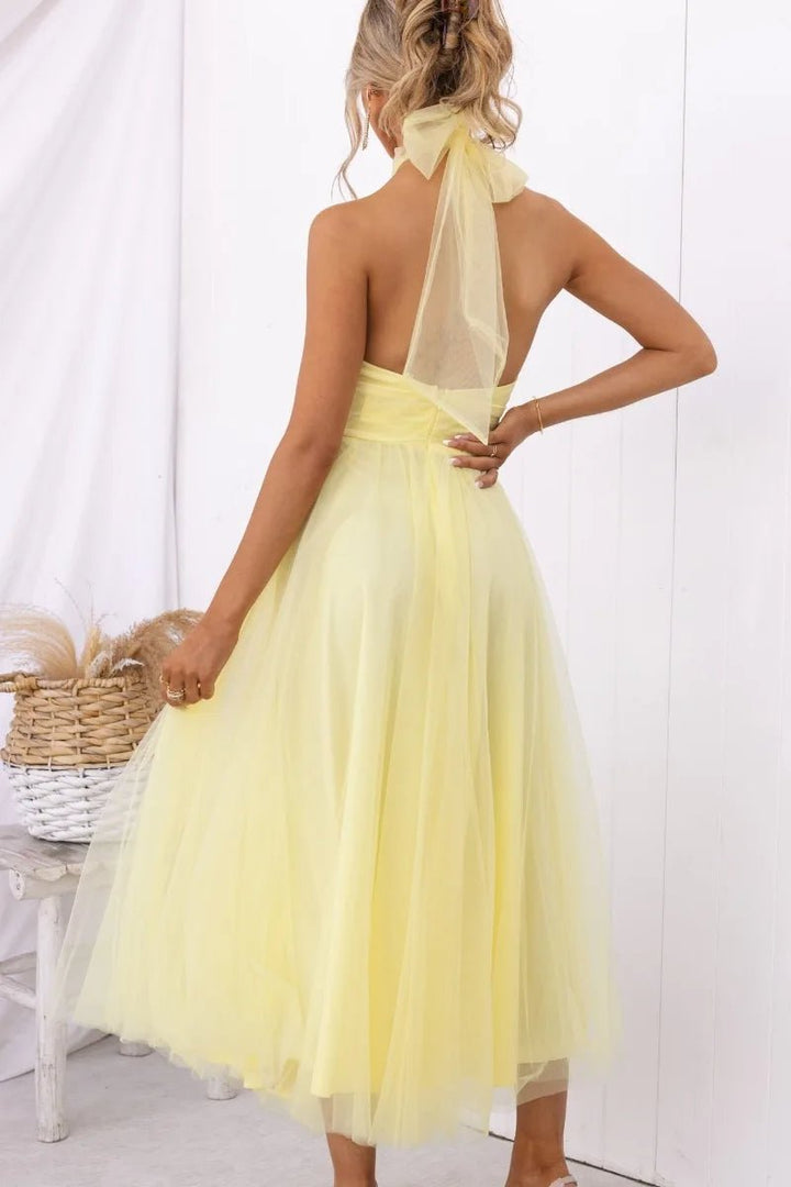 Women's Halter Neck Tulle Fall Midi Dress Flowy A-Line