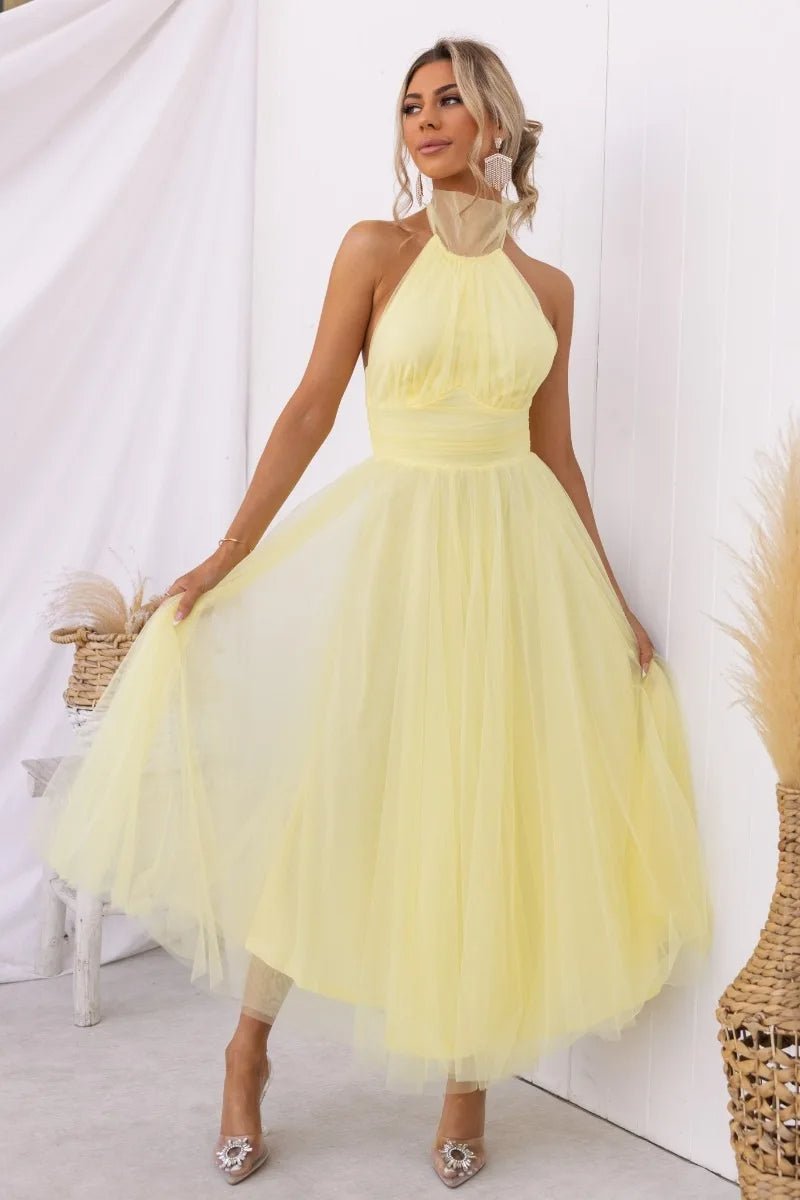 Women's Halter Neck Tulle Fall Midi Dress Flowy A-Line