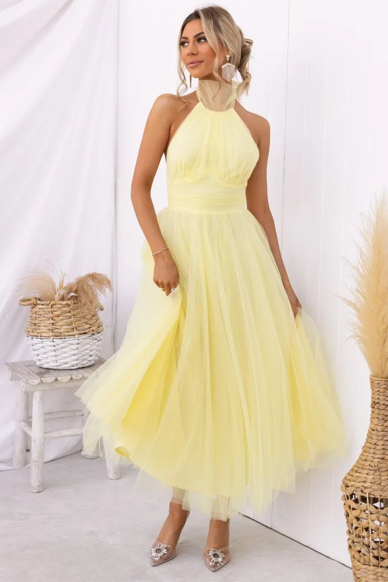 Women's Halter Neck Tulle Fall Midi Dress Flowy A-Line