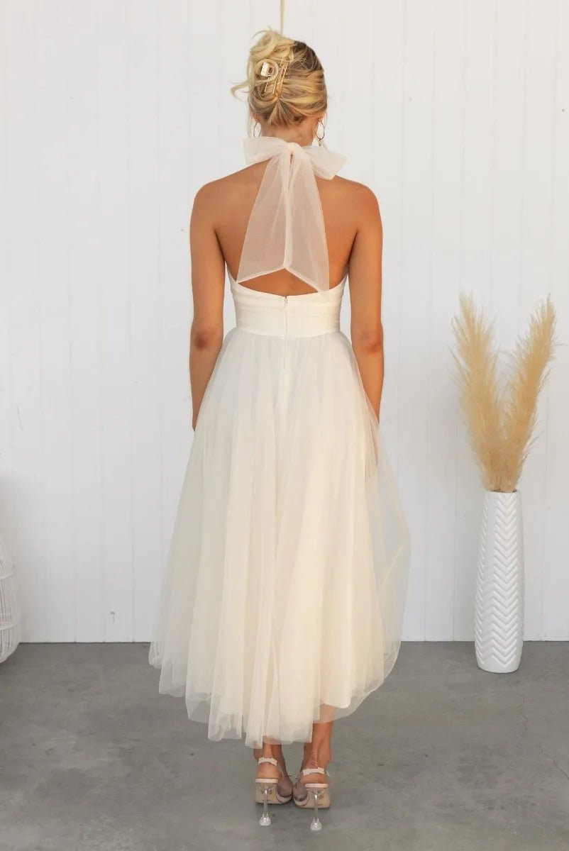 Women's Halter Neck Tulle Fall Midi Dress Flowy A-Line