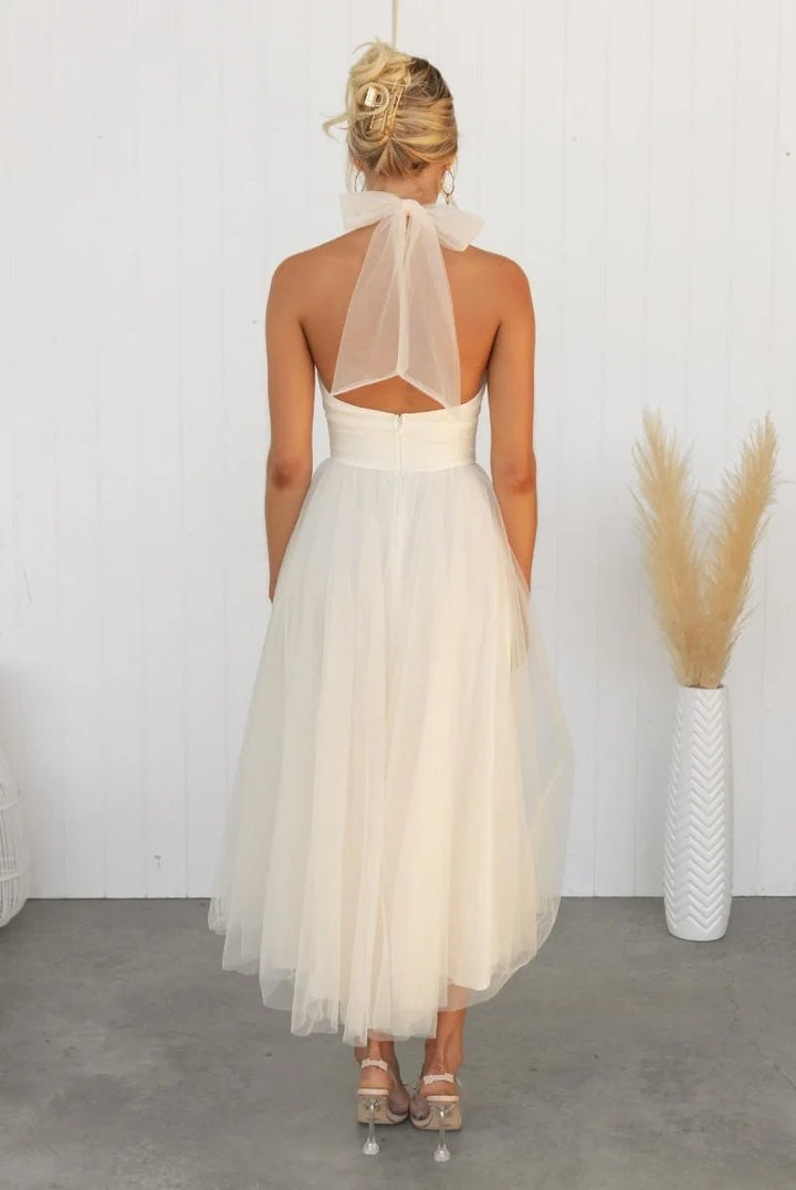 Women's Halter Neck Tulle Fall Midi Dress Flowy A-Line