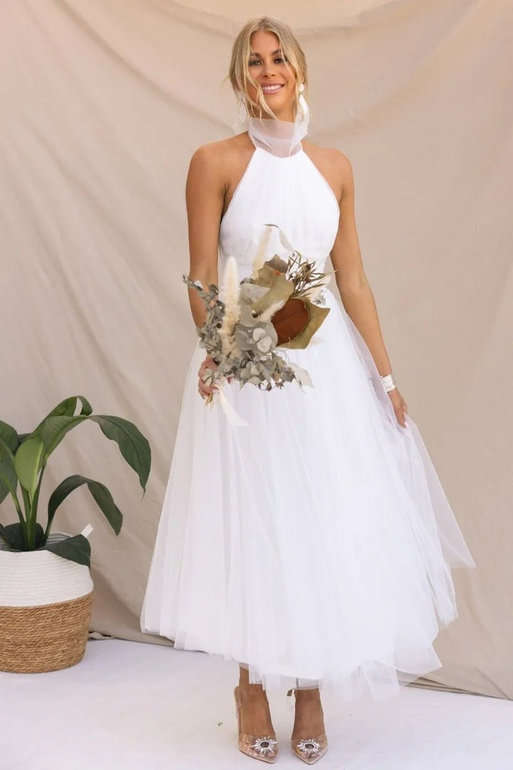 Women's Halter Neck Tulle Fall Midi Dress Flowy A-Line