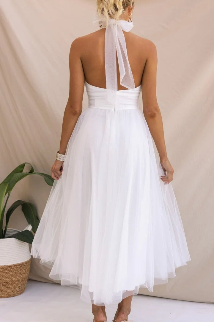 Women's Halter Neck Tulle Fall Midi Dress Flowy A-Line
